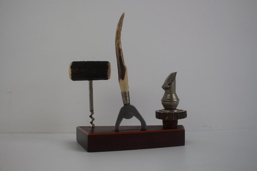 Vintage antler set, corkscrew, bottle opener, funnel, 1960s. 
