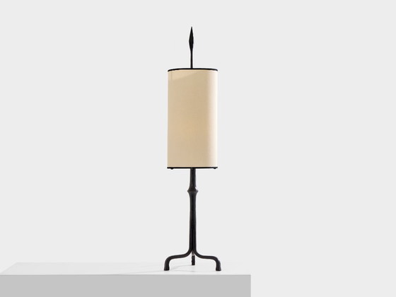 Francis Dewaele & Les Artisans de Marolles smeedijzeren lamp 1955, Tafellampen, Metaal, Textiel, Zwart (foto 3 van 10)