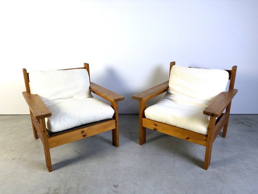 Pair of pine wood boucle fabric armchairs, 1980s