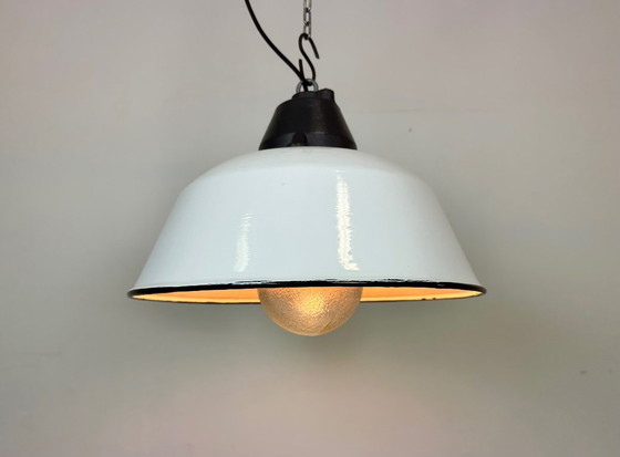 Image 1 of White Enamel and Cast Iron Industrial Pendant Light with Glass Cover, 1960s