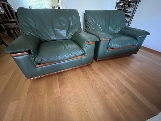 High-quality Jean Roche leather sofa + 2 armchairs – French designer furniture in green – Couches, Wood (photo 4 of 10)