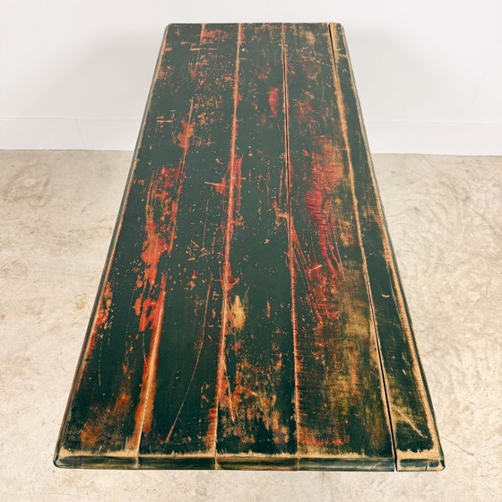 French Bistro table with green painted wooden top, Consoles, Metal, Rustic (photo 6 of 12)