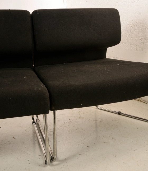 1960s 3-Piece Sofa with Two Curved Sections and One Straight Central Section, Black Fabric and Chrome Steel (photo 10 of 10)