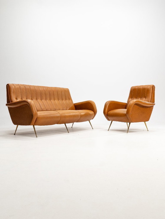 Image 1 of Dreisitzer-Sofa aus Skai-Holz mit Messingfüßen im Stil von Marco Zanuso, 1950er Jahre