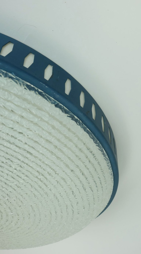 Image 1 of rare large mid century modern CEILING LIGHT by hillebrand 1960s flush mount textured glass blue metal frame