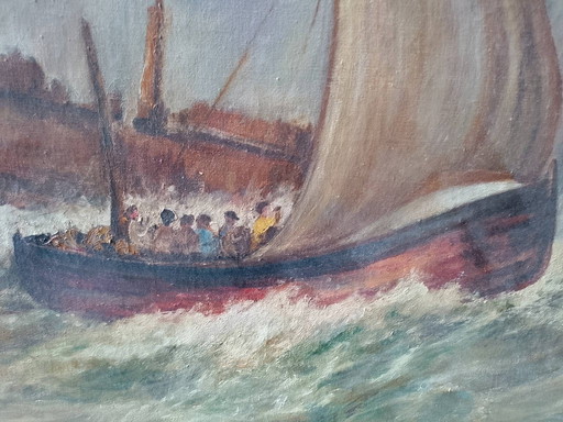 Antiguo Gran Óleo Sobre Lienzo Escena Marina Firmado 1965