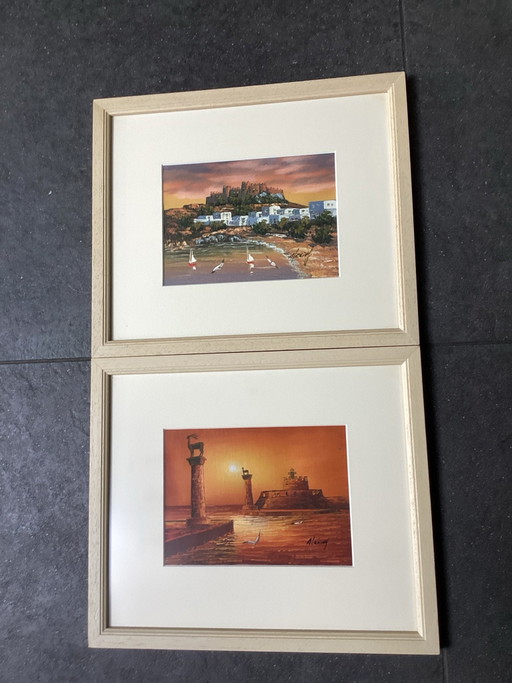 Set van 2 Griekse kustlandschappen (Rhodos) - Origineel olieverf op doek- Gesigneerd Alexioy. Met lijst (32x28)