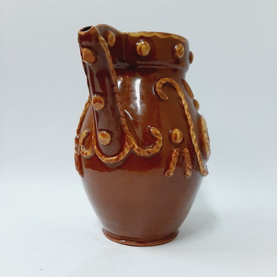 Image 1 of Großer, antiker, braun glasierter Keramikkrug