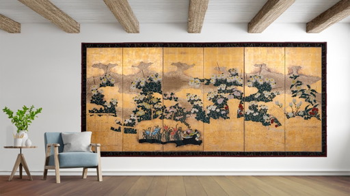 Antique Japanese 6-Panel Folding Screen Rinpa School-style