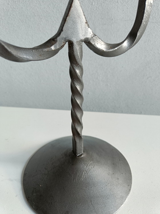 Image 1 of Hand-forged brutalist steel candlestick – double candle holder – artisan wrought iron