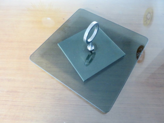 Image 1 of Drehbarer Servierteller im modernistischen Stil aus Rauchglas und versilbertem Metall, 1970er/80er Jahre