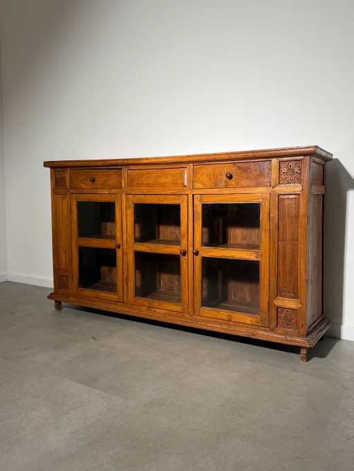 Vitrine/Buffet rustique ancien en teck avec portes vitrées – vitrinekasten
