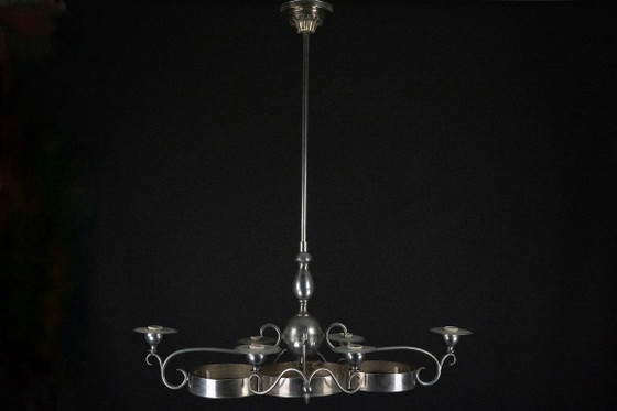 Image 1 of Lampadario italiano Art Déco in nichel, ottone e vetro satinato, anni '30.