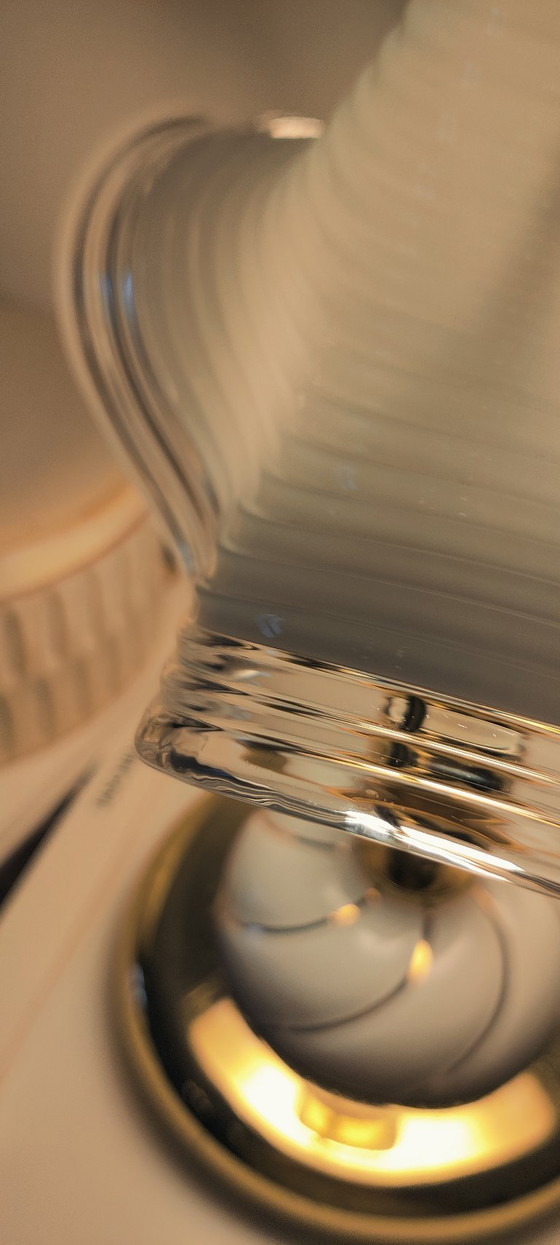 Image 1 of Vintage Hollywood Regency Table Lamps, Set of 2, Wavy Ribbed Opaline Glass, White and Gold Retro Bedside Lighting