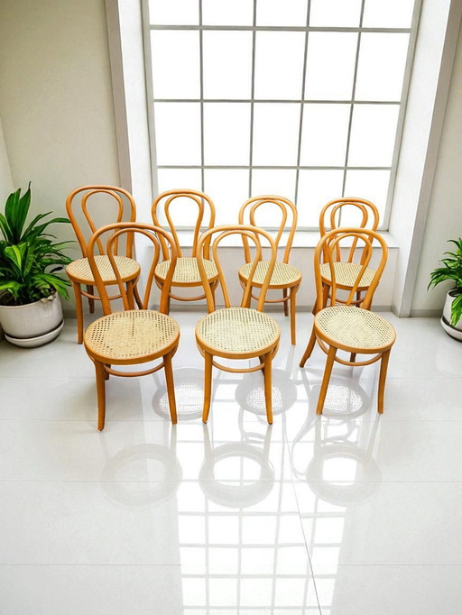 7 x prachtige vintage gebogen houten koffiehuisstoelen in Thonet stijl... uit de jaren rond 1900...