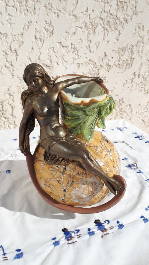 Cruche Art Nouveau 1895 en Bronze et Céramique