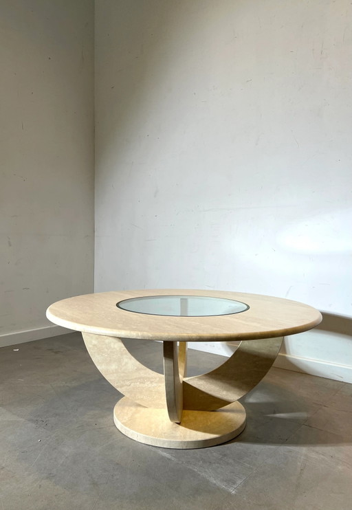Vintage travertine coffee table with glass centre – salontafels