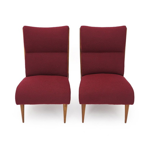 Pair of wooden and bouclé armchairs, 1940s