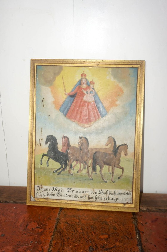 Image 1 of antique votive plaque 1842 * mary and child with horses * hand painted ex voto * horse folk art