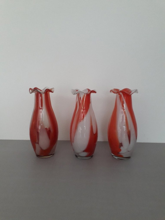 Image 1 of 3 Murano vases, in orange and white, circa 1965