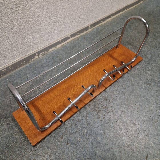 Image 1 of Teak coat rack 1960s vintage wall coat rack chrome coat rack