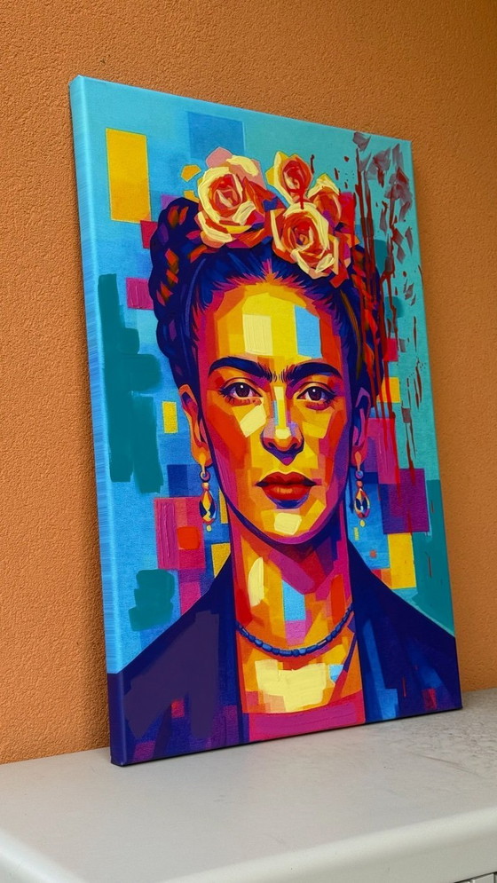 Image 1 of Azzurra Lo Bello - Frida Kahlo - Iconisch pop-geometrisch portret - Hedendaagse pop-art - Gemengde technieken op canvas