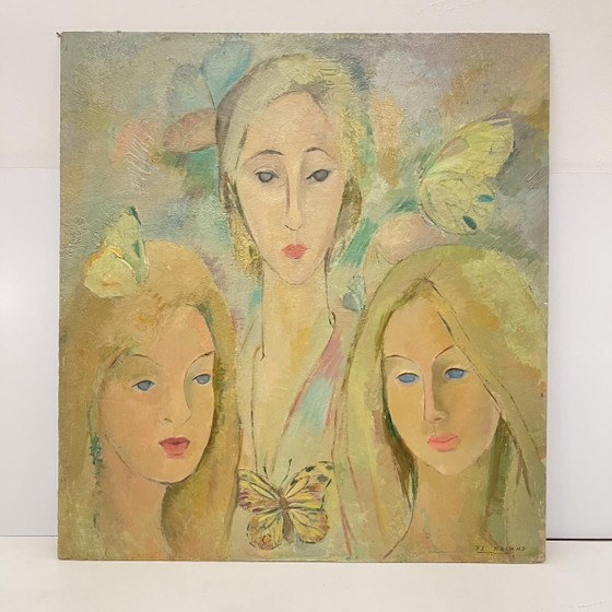 Roland Flory, The Butterflies, 3 Women's Faces, Oil Painting on Panel, 1975 – Paintings & Drawings (photo 10 of 11)