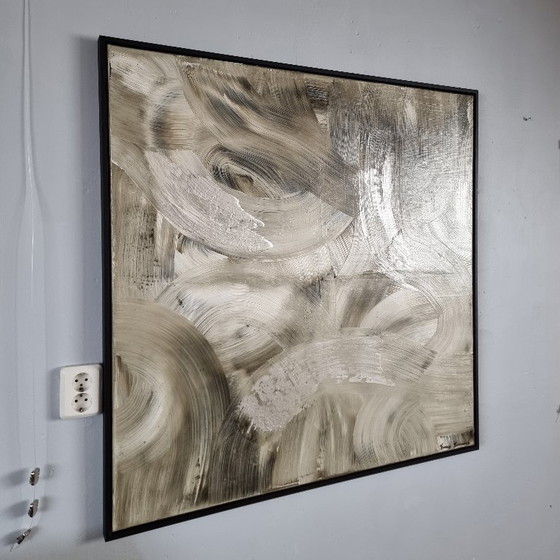 Image 1 of Frances Eckhardt - Peinture abstraite moderne peinte à la main, art contemporain beige argenté 100x100