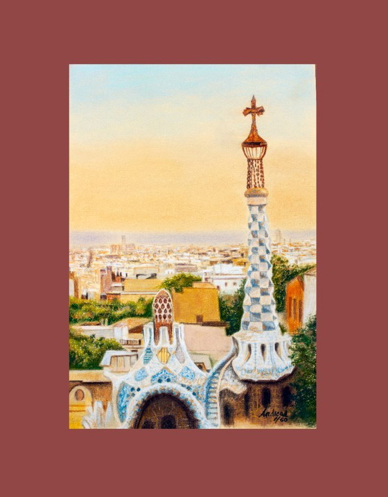 Image 1 of Drawing of Barcelona as seen from Park Güell. Park Güell drawing. Pastel drawing of Barcelona. Painting of Barcelona.