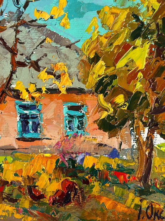 Image 1 of Peinture à l'huile originale représentant un paysage champêtre, une maison et une maison en automne dans un village