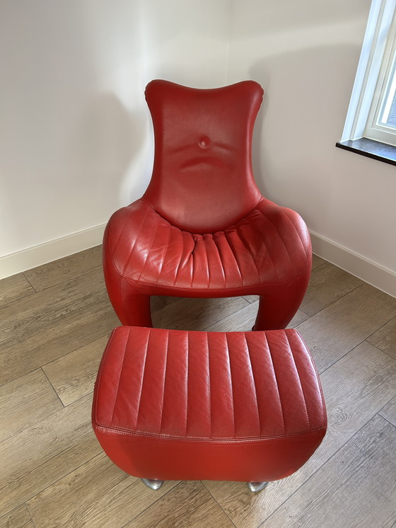 Image 1 of Leolux Balou Armchair Red Leather + Hocker