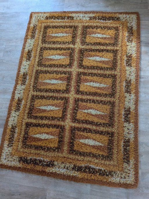 Grande tappeto scandinavo vintage in stile Rya – Motivi geometrici vivaci in stile Space Age – 160x220