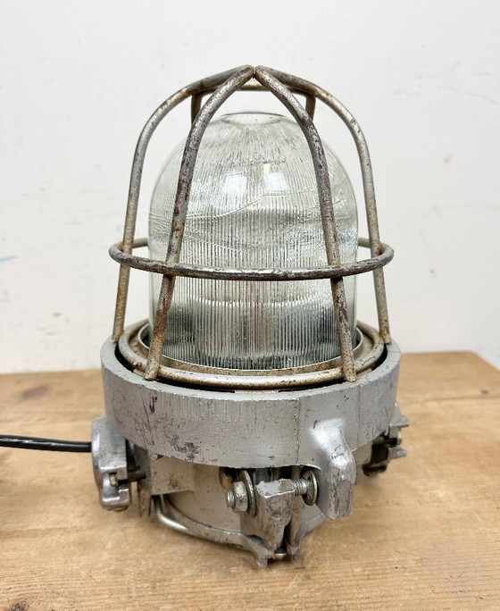 Image 1 of Industrial Soviet Cast Aluminium Bunker Pendant Light with Iron Grid, 1960s