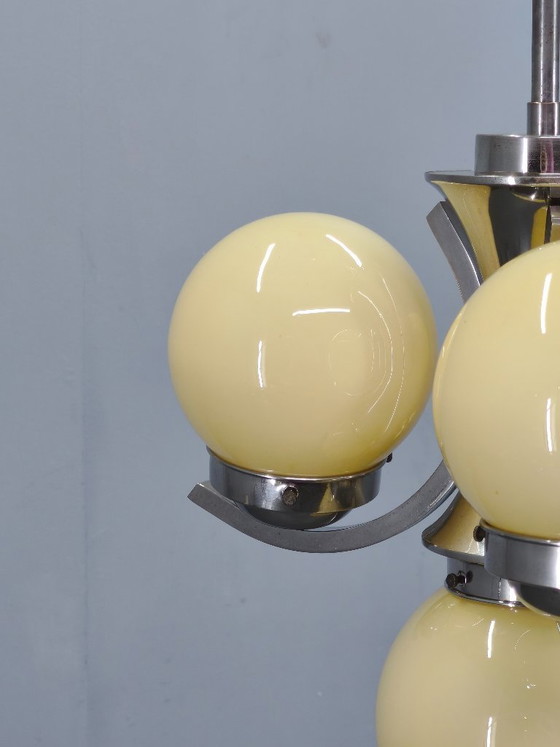 Image 1 of Art Deco Chrome and Opaline Glass Chandelier, 1930s