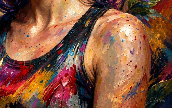 Impressionist Painting "La Miss aux roses" - (60x60 Cm) I – Paintings & Drawings, Canvas (photo 2 of 8)