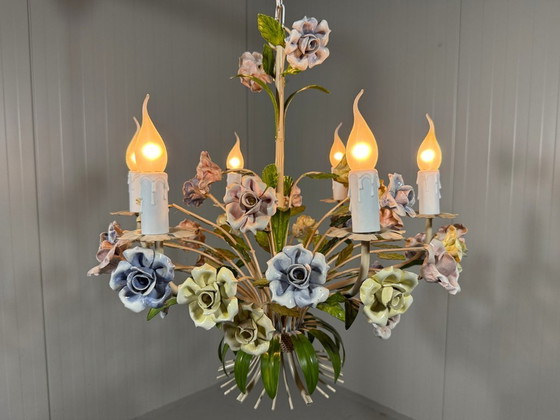 Image 1 of Italian chandelier with porcelain flowers 1950s