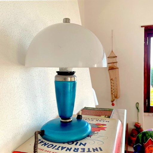 Rare Blue Metal Mushroom Table Lamp From USSR 1963 – tafellampen, Plastic (photo 2 of 11)
