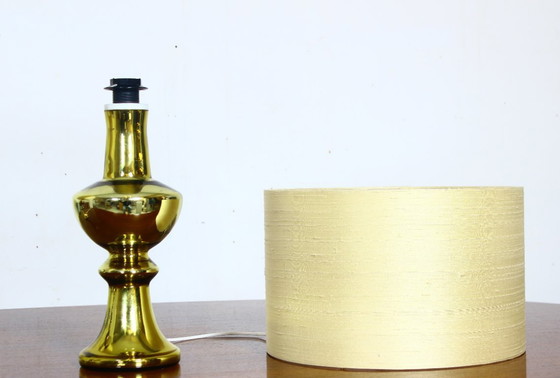 Image 1 of Set of two luxury Uno & Osten gold table lamps with silk shades, Sweden 1970
