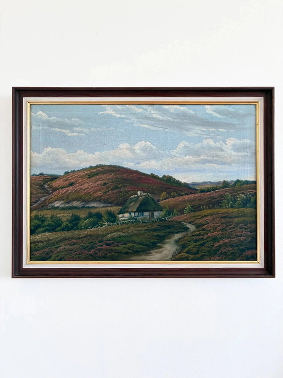 Image 1 of Peinture à l'huile originale ancienne représentant un paysage de campagne, signée.