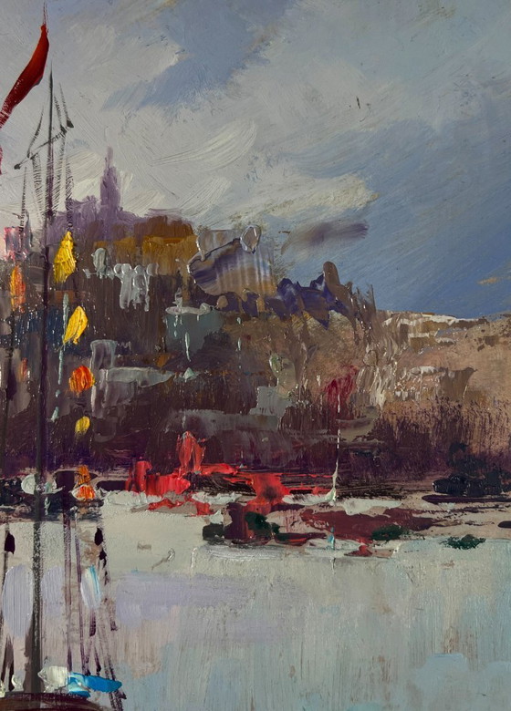 Image 1 of Original Oil Painting Coastal City Landscape A ship preparing to set sail