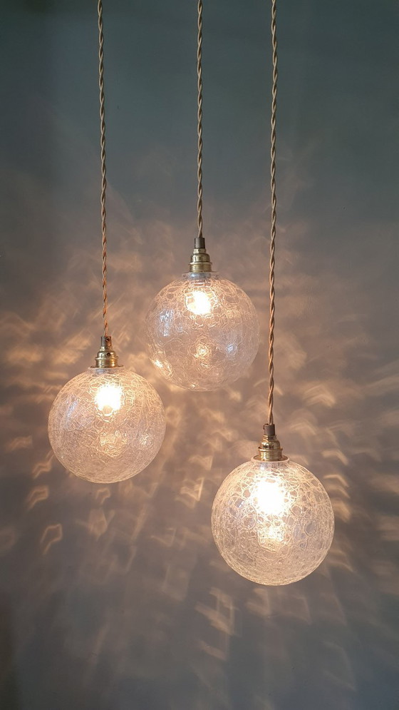 Set (3) Vintage Crackle Glass Sfera / Lampade a sospensione - Midcentury – Metal (photo 4 of 21)