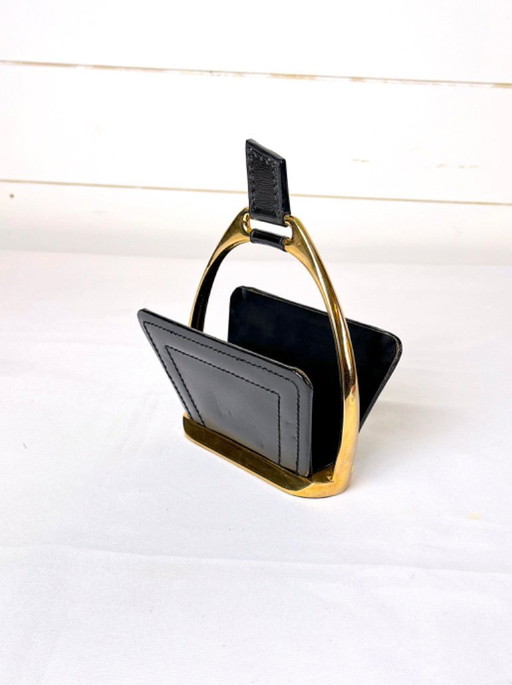 Leren en messing lettershouders van Maison Longchamps, Mid-Century, Frankrijk