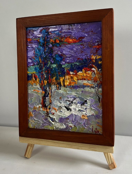 Original-Ölgemälde: Nachtlandschaft mit Schnee, ruhiger Winterabend