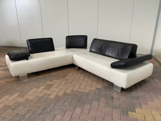 Image 1 of Montel White Real Leather Corner Sofa + Stool