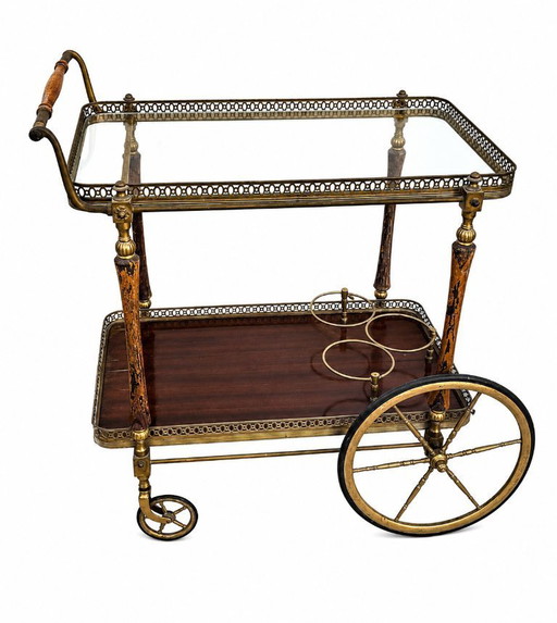 Carrello bar/carrello per bevande in ottone e legno, prodotto da Maison Jansen, Francia, anni '40.