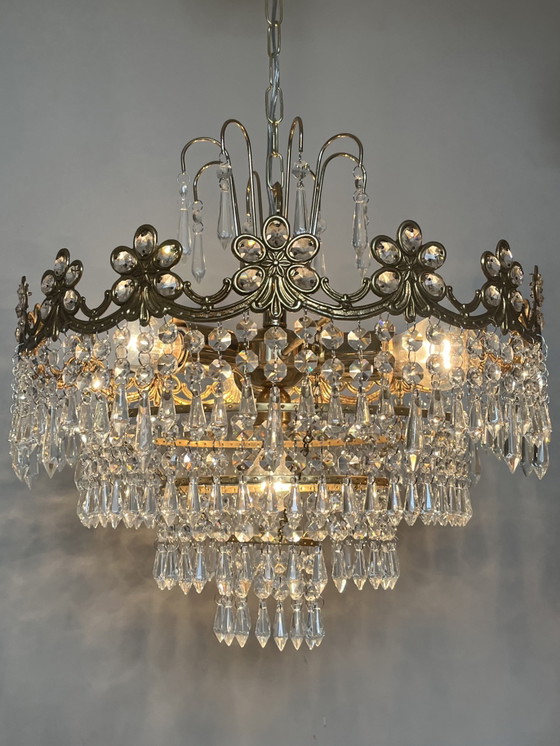 Image 1 of Art Nouveau style openwork frame crystal chandelier with crystal beads