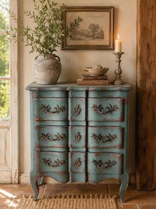 Piccolo comò antico con patina blu-verde – ladekasten, Wood
