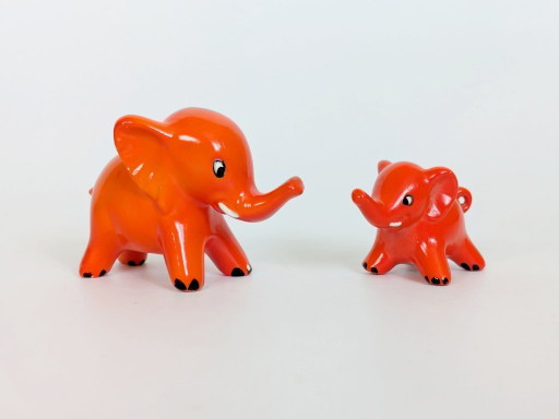 Goebel West Germany Elephant Pair Tangerine Orange Porcelain 1970s MCM Figurines