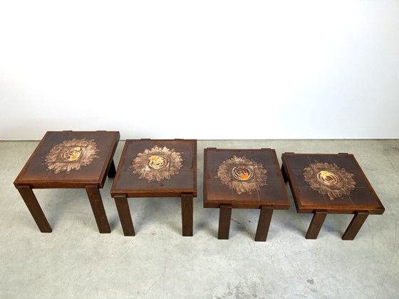 Mid century ceramic nest of tables, 1960s, Side tables, Wood, Brown, Vintage (photo 7 of 12)