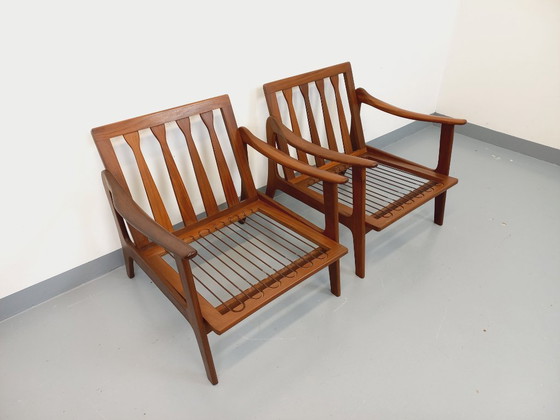 Image 1 of Pair of vintage Scandinavian armchairs by Arne Wahl Iversen for Komfort in teak and fabric from the 60s